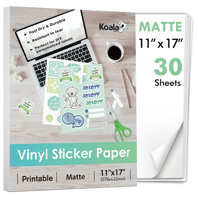 Koala Printable Vinyl Sticker Paper for Inkjet Printer 30 Sheets 11x17 ...