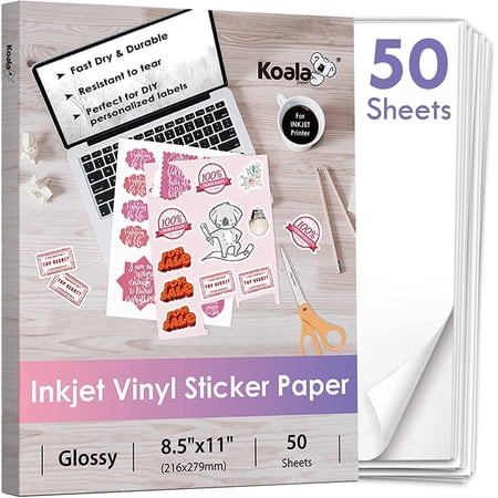 Koala Printable Vinyl Sticker Paper for Inkjet Printer, 8.5" x 11", White, 50 Sheets