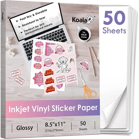 Koala Printable Vinyl Sticker Paper for Inkjet Printer, 8.5" x 11", White, 50 Sheets