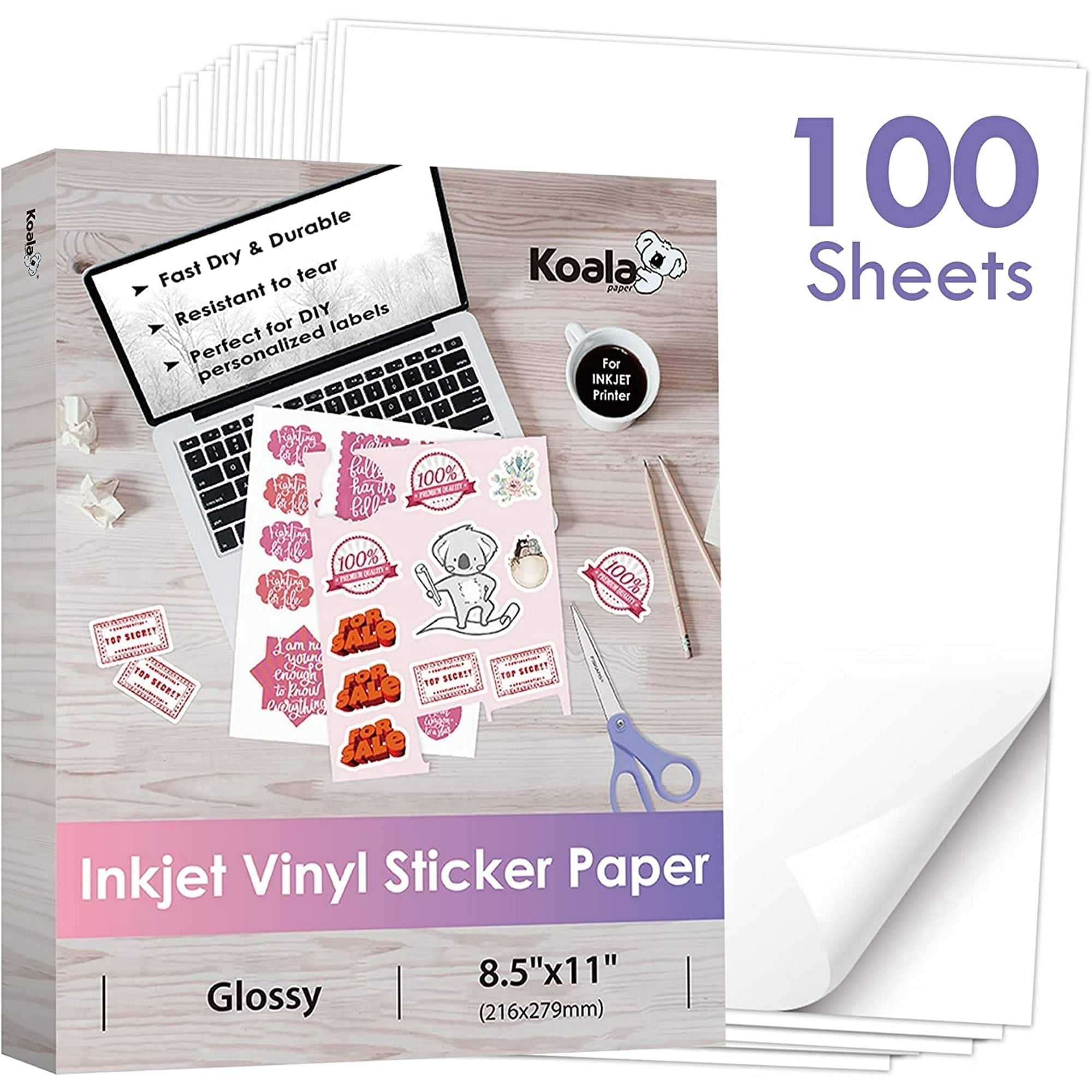 Koala Printable Vinyl Sticker Paper for Inkjet Printers - 100 Sheets Glossy White Waterproof Adhesive Label Paper - 8.5x11 Inch, Tear-Resistant
