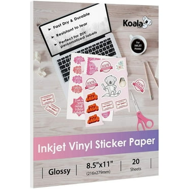 Koala Printable Vinyl Sticker Paper for Inkjet Printers, 20 Sheets Glossy White Waterproof  Stickers Paper 8.5x11 Inch, Tear-Resistant