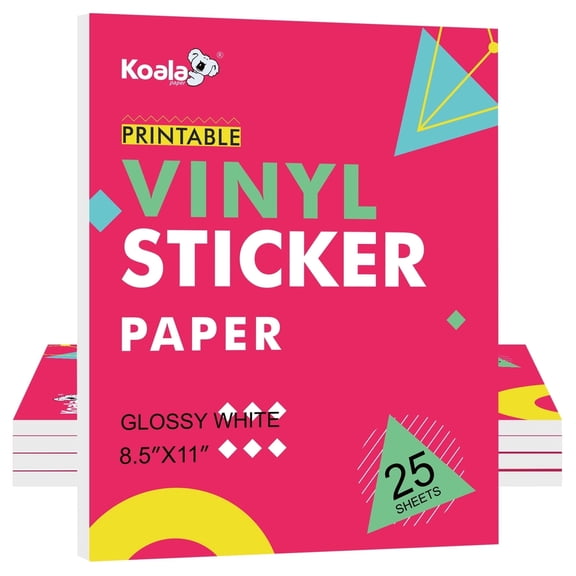 Koala Printable Vinyl Sticker Paper for Inkjet Printers - 120 Sheets Glossy White Waterproof Adhesive Label Paper - 8.5x11 Inch, Tear-Resistant