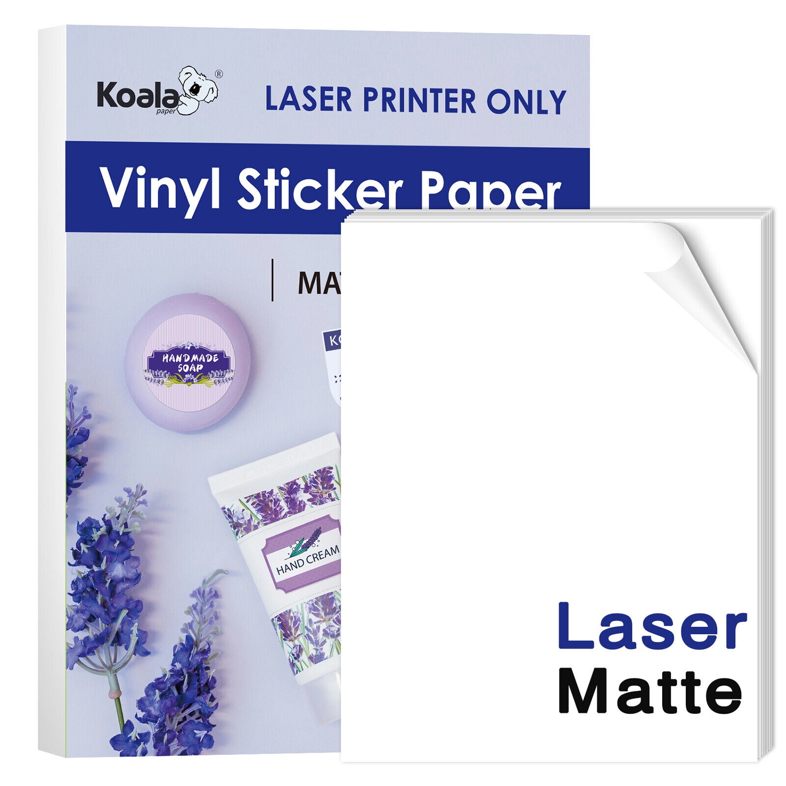 Koala Printable Vinyl Sticker Paper for LASER Printer, 20 Sheets Matte