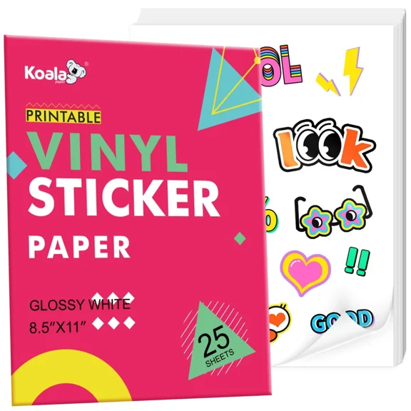 Koala Printable White Glossy Vinyl Waterproof Sticker Paper for Inkjet and Laser Printers, 25 Sheets, 8.5x11 inch