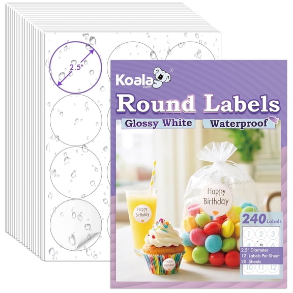 Koala Round Labels 2.5 Inch, 720 Count,Glossy Waterproof Printable Circle Stickers for Inkjet and Laser Printer, Circle Labels for Brand Logo, Bottle, Jar