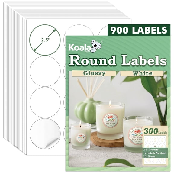 Koala Round Labels 2.5 inch, Glossy White Printable Circle Stickers for Inkjet and Laser Printer, Bulk 900 Labels for Jars, Party Favor Decors, DIY Thank You Stickers