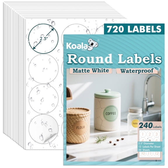 Koala Round Labels 2.5 inch, Matte Waterproof Printable Circle Stickers for Inkjet and Laser Printer,Bulk 720 Circle Labels for Brand Logo, Bottle, Jar