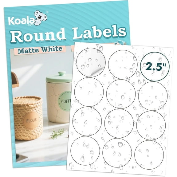 Koala Round Labels 2.5 inch, Matte Waterproof Printable Circle Stickers for Inkjet and Laser Printer, 240 Circle Labels for Brand Logo, Bottle, Jar