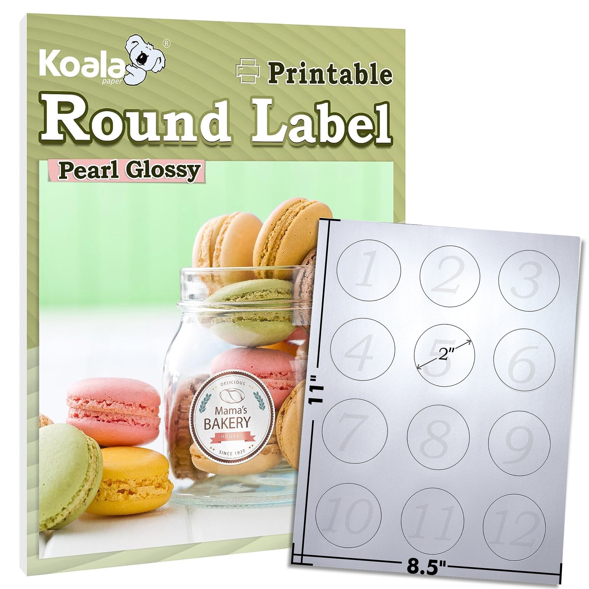 Koala Round Labels 2 Inch, 240 Pearl Glossy White Printable Round