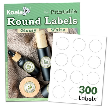 Koala Round Labels 2 Inch Printable Round Label Stickers 300 Labels Glossy White Blank Circle Labels for Inkjet + Laser Printers, DIY Manson Jar, Canning, Soap Labels