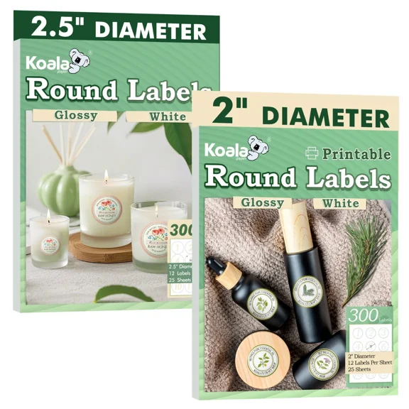 Koala Round Labels, 2 inch + 2.5 inch, Mixed Pack, 600 Ct, Glossy White Printable Circle Stickers for Inkjet and Laser Printer,Circle Labels for Jars, Party Favor Decors, DIY Thank You Stickers
