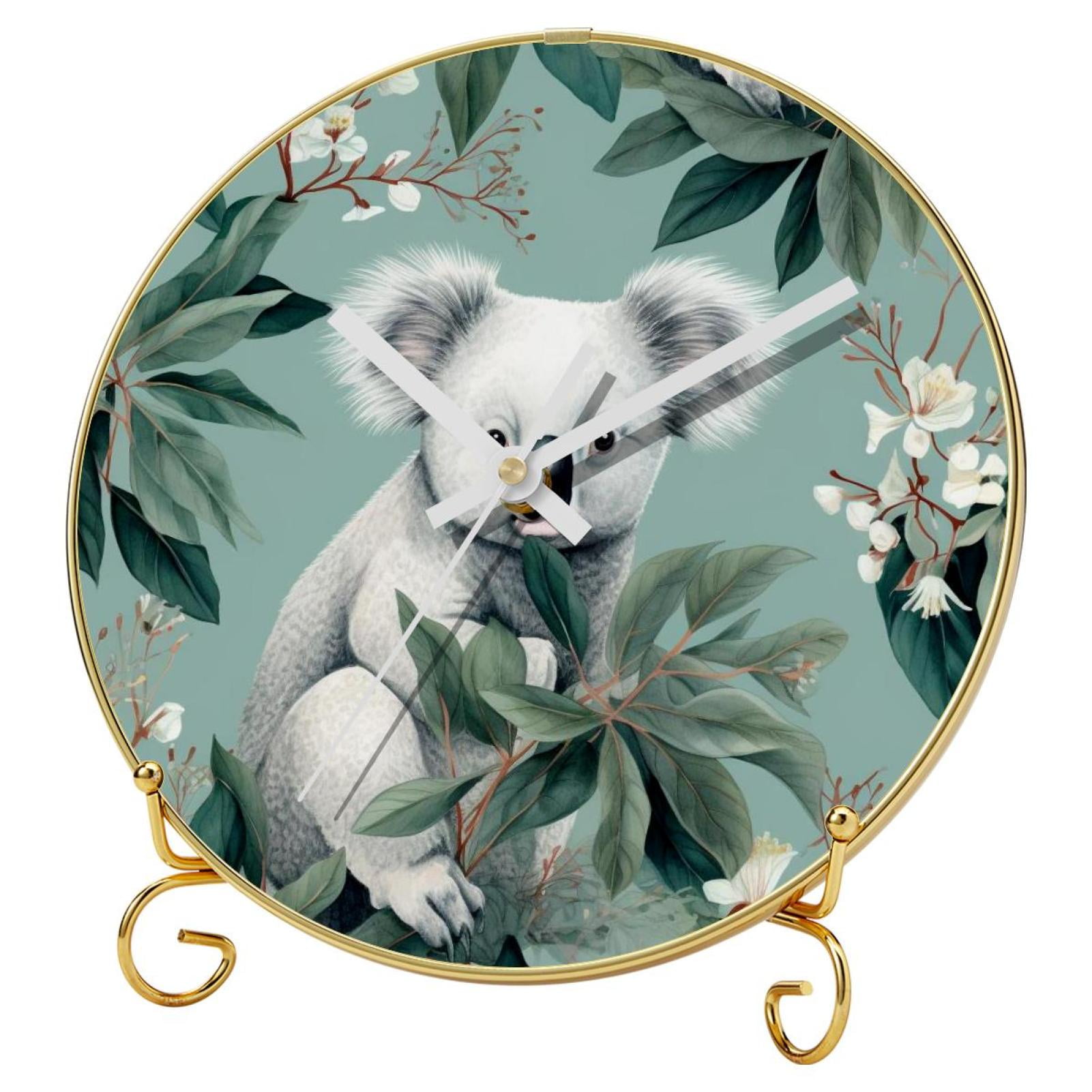 Koala Round Printed Wall Clock with Hooks and Gold Stand - Silent Non ...