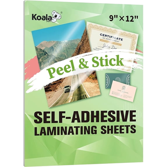 Koala Self Adhesive Laminating Sheets - 9 x 12 Inch Self Laminating Sheets, No Machine Needed Clear Self Sealing Laminate Sheets for Stickers, Photos - 5 Sheets