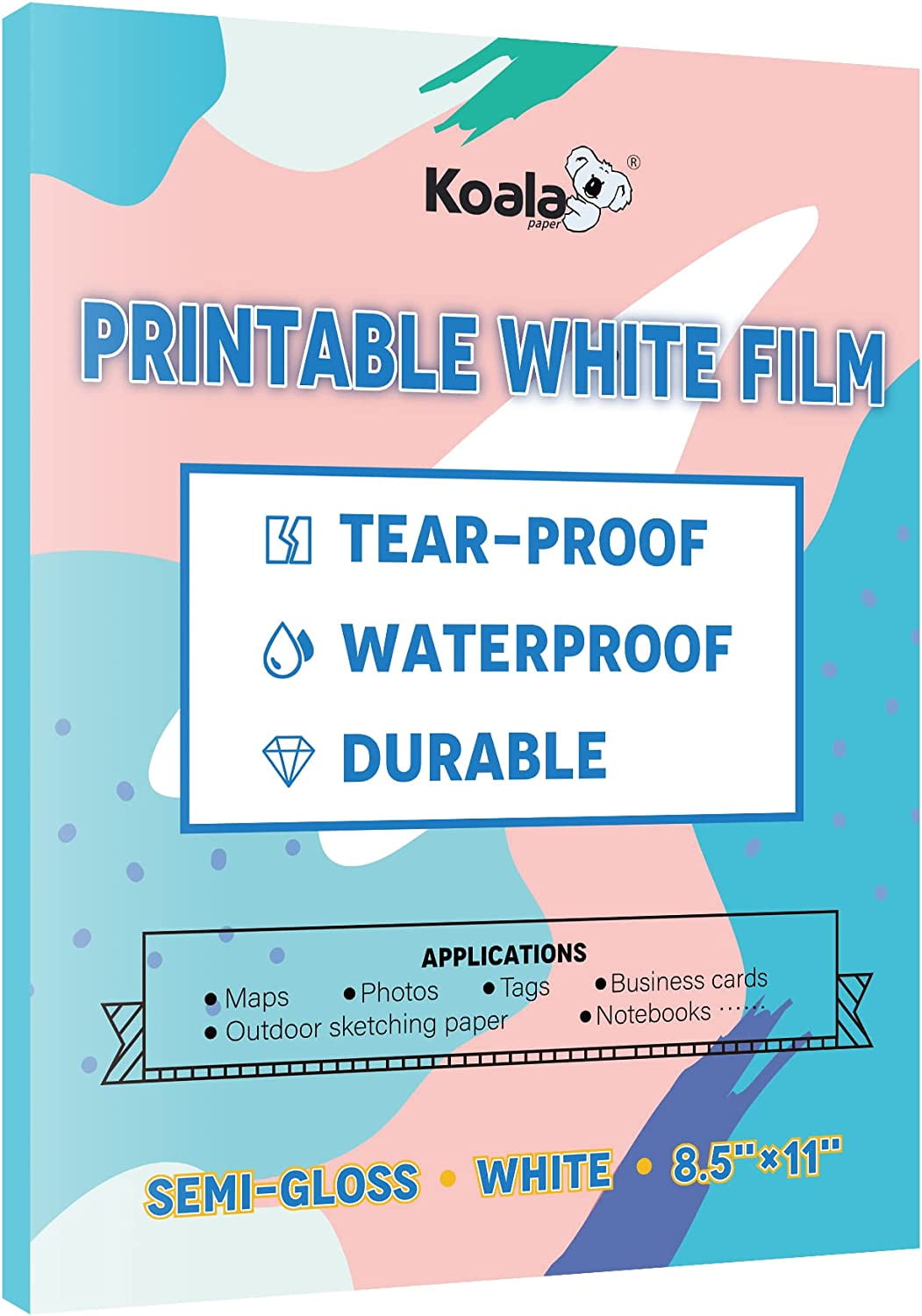 Koala Semi Gloss Bright White Film Printer Paper for Inkjet Printers, Waterproof and Tearproof Printer Paper, Single-Sided Printable Multipurpose Paper 8.5 x 11 inch 20 Sheets