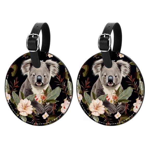 Koala Set of 2pcs PU Leather Round Suitcase Tags with Privacy Cover and Name ID Tag - Ideal for Travel Luggage, Handbags, Backpacks, School Bags