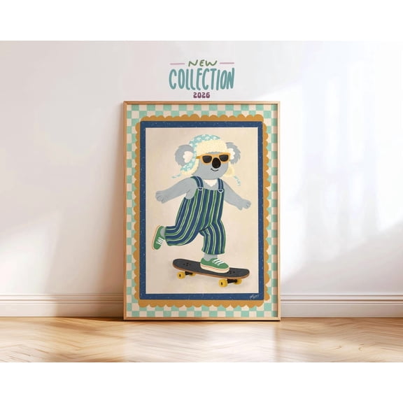 Koala Skateboard Wall Art, Retro Animal Nursery Decor With Skater Theme