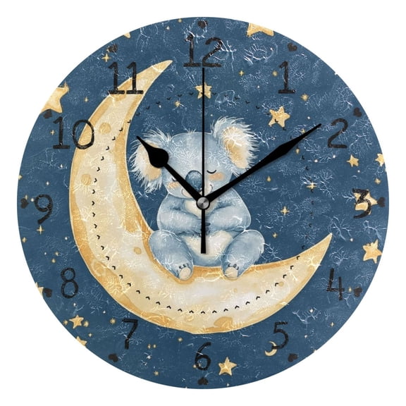Koala Sleeping on The Moon Stars Round Wall Clock Silent Analog Battery Operated Black Pointer Home Decor 9.84" Diameter