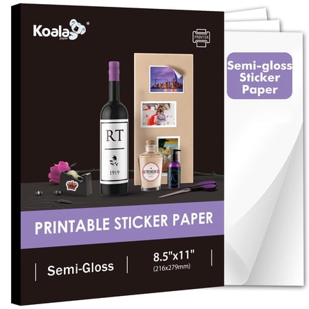 Koala Sticker Paper for Inkjet and Laser Printers Semi Glossy Printable Sticker Paper 8.5 x 11 Inch 100 Sheets, Adhesive Photo Sticker Paper, Work Well with Cutting Machines