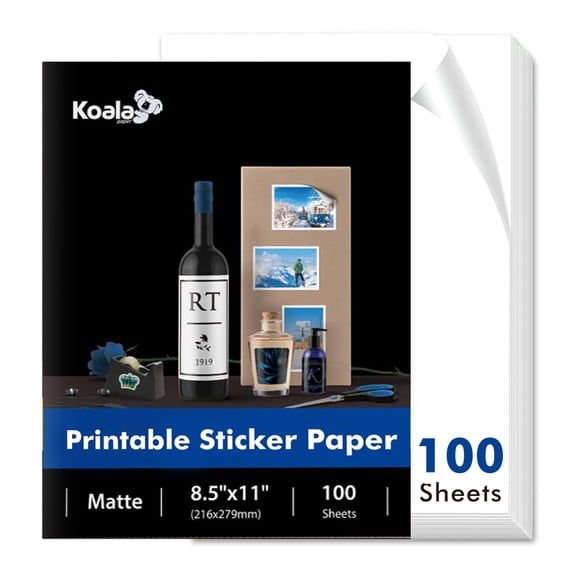 Koala Sticker Paper for Inkjet + Laser Printers, Printable Full Sheet Labels , Matte White, 8.5x11 Inch 100 Sheets
