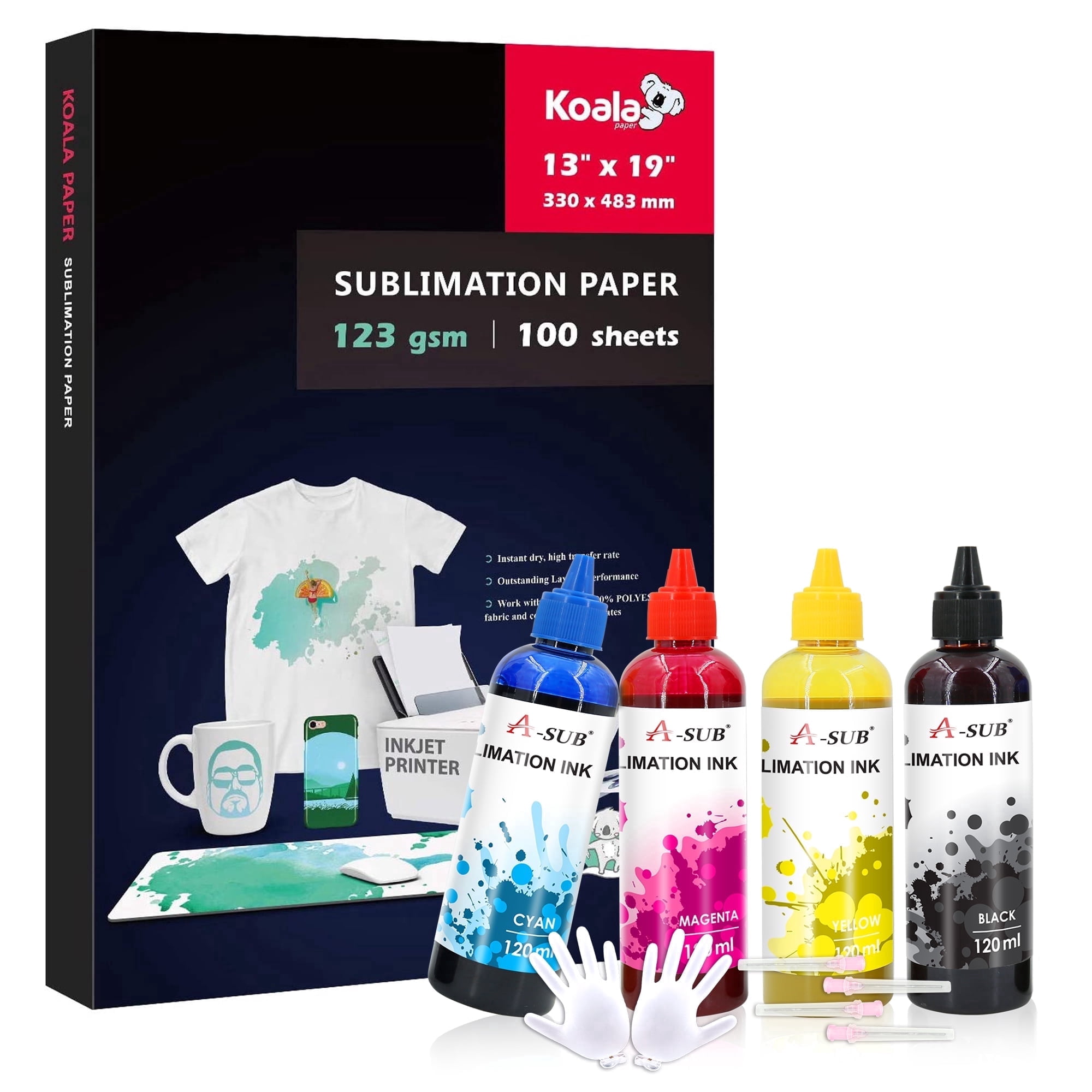 Koala Sublimation Paper 13X19 100 Sheets + A SUB Sublimation Ink for Inkjet Printers DIY Gifts, Heat Transfer T-shirts,Mugs,Tumblers