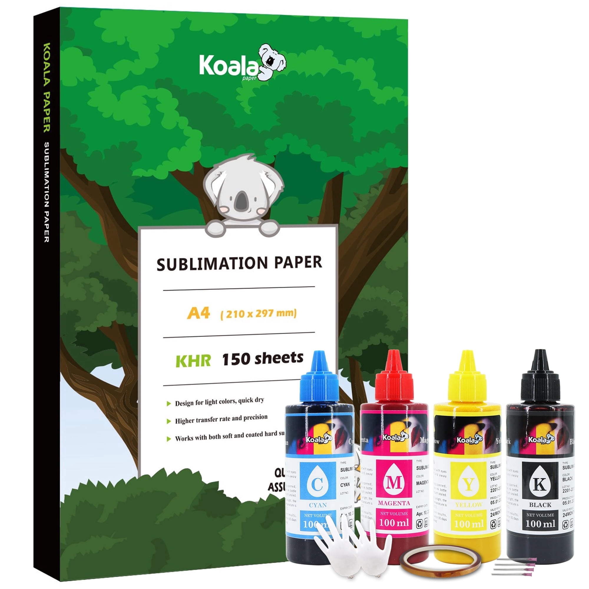 Koala Sublimation Paper and Ink Bundle Kit - 150 Sheets Koala Sublimation Paper A4  + 4X100ml Koala Sublimation Ink for All Inkjet Printers ET-2800 2803 2720 2760 etc