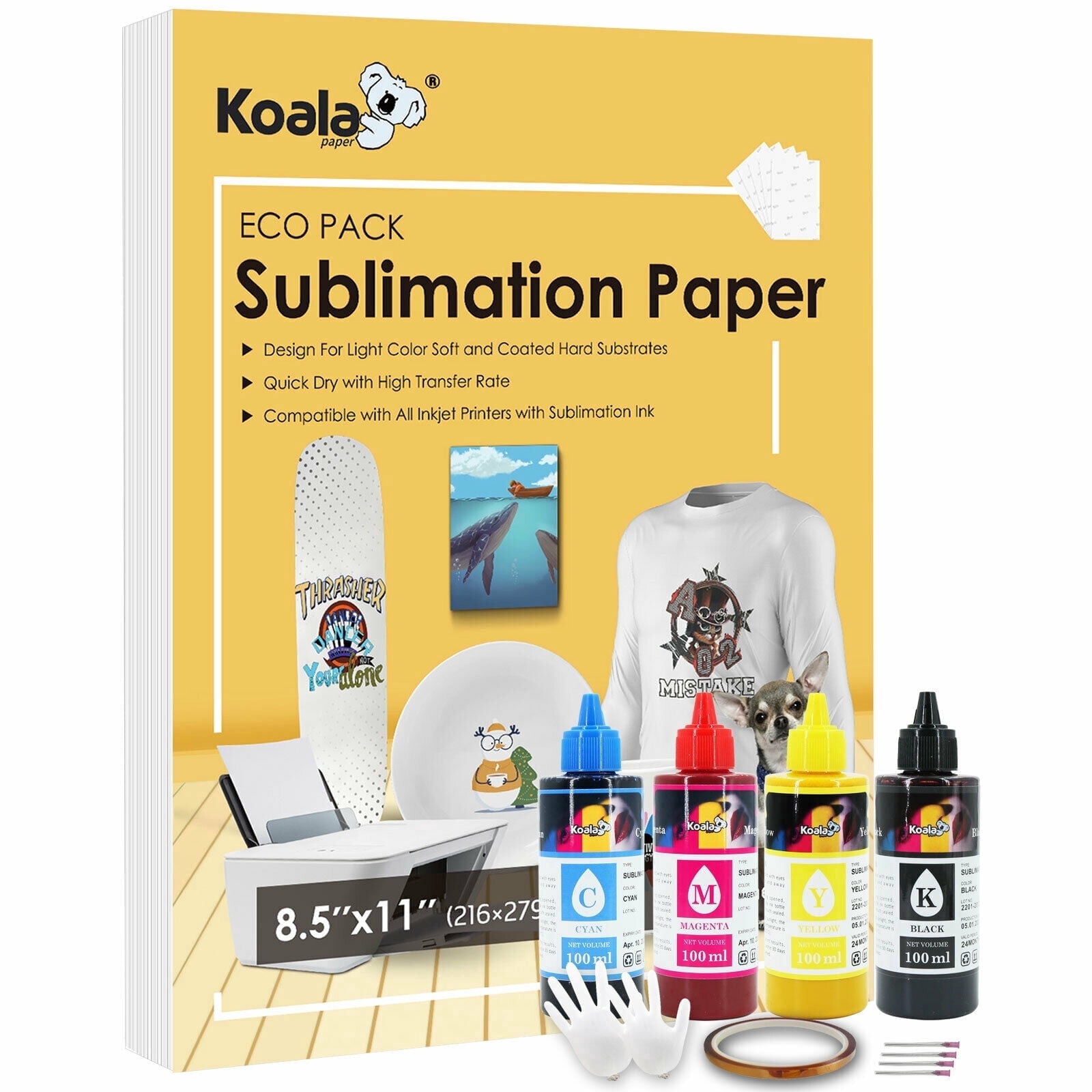 Koala Sublimation Paper and Ink Bundle Kit - 100 Sheets Sublimation Papaer 8.5x11 and 400ML Sublimation Ink for Inkjet Printers ET-2803 2400 2800 Etc