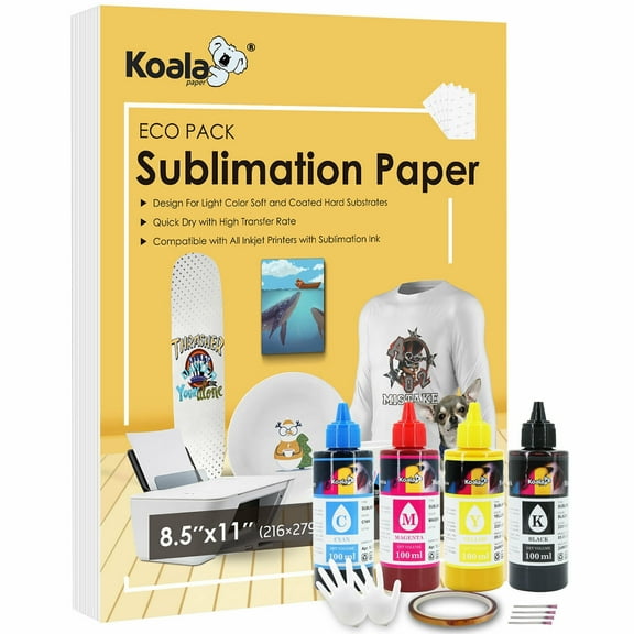 Koala Sublimation Paper and Ink Bundle Kit - 100 Sheets Sublimation Papaer 8.5x11 and 400ML Sublimation Ink for Epson Printers ET-2803 2400 2800 Etc