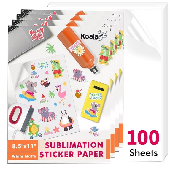 Koala Paper Sublimation Sticker Paper, Bulk 100 Sheets, 8.5x11 Matte White Waterproof Vinyl Stickers for Sublimation Inkjet Printert Heat Transfer