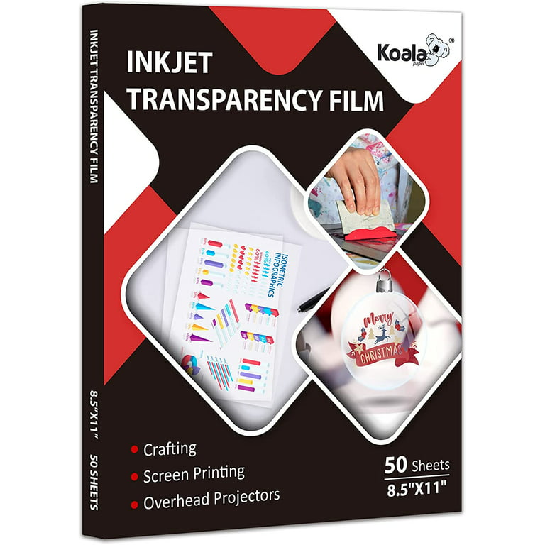 Koala Transparency Film for Inkjet Printer 50 Sheets Crystal Clear Film  Paper for Crafting, Overhead Projector, Screen Printing - 8.5x11 Inches 
