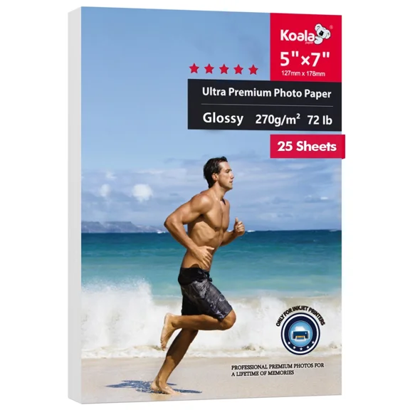 Koala Ultra Premium Glossy Photo Paper 5x7, 72lb 12Mil, for Inkjet Epson, HP, Canon Printers,25 Sheets