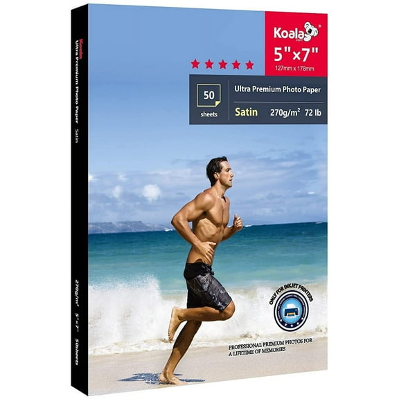 Koala Ultra Premium Satin Photo Paper 5x7 In 72 lb Inkjet Printer, Water-Resistant Semi-gloss / Soft Glossy Picture Paper 50 Sheets