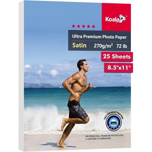 Koala Ultra Premium Photo Paper 8.5X11 In Satin Photo Printer Paper for Inkjet Printer Water-Resistant Semi Gloss 25 Sheets 72lb