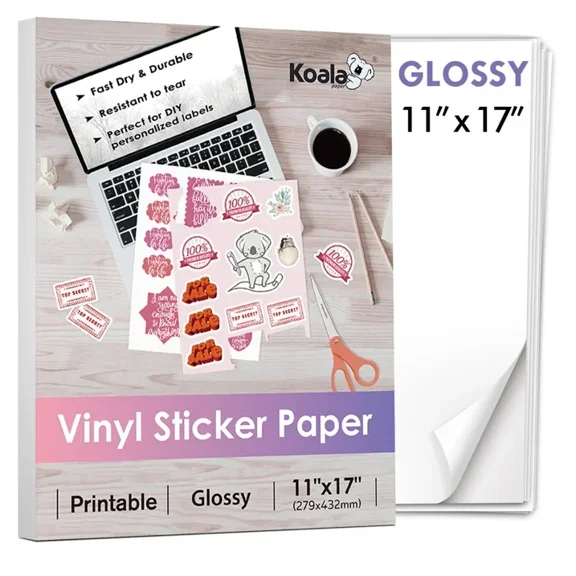 Koala Vinyl Sticker Paper 11x17 Glossy White for Inkjet + Laser Printers, 30 Sheets, Waterproof,Durable,Removable