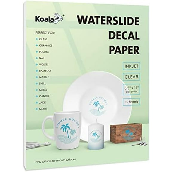 Koala Waterslide Decal Paper INKJET CLEAR, 10 Sheets 8.5x11 Inch Water Slide Transfer Paper Transparent Printable Waterslide Paper for DIY Tumbler, Mug, Nails$$Office