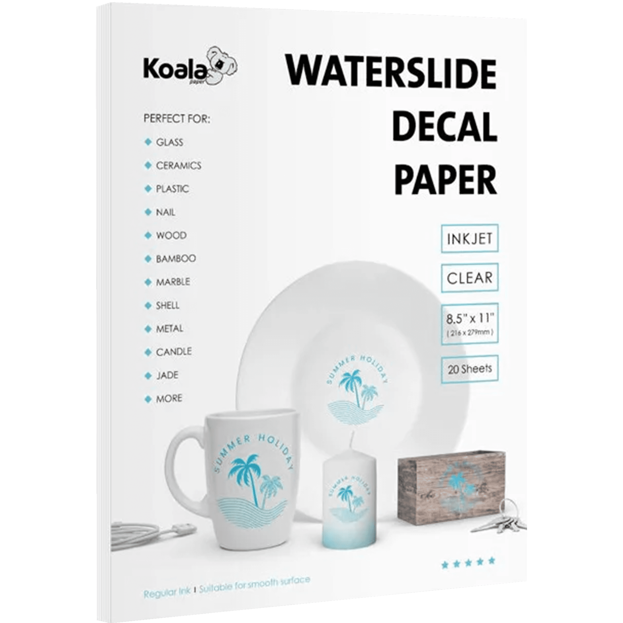  Koala Waterslide Decal Paper INKJET CLEAR, 20 Sheets 8.5x11  Inch Water Slide Transfer Paper Transparent Printable Waterslide Paper for  DIY Tumbler, Mug, Nails : Office Products