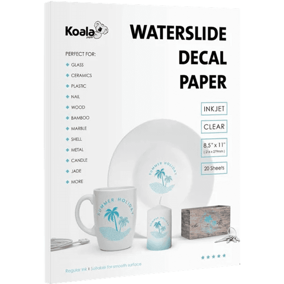 Koala Waterslide Decal Transfer Paper Clear for Inkjet, 20 Sheets 8.5x11 Inch Water Slide Transfer Paper Transparent Water Transfer Paper for DIY Tumbler, Mug, Nails