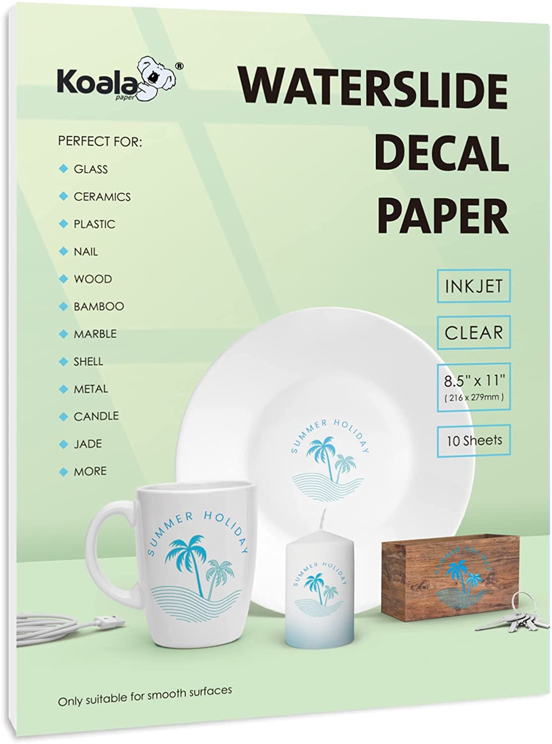 Koala Waterslide Decal Transfer Paper Clear for Inkjet Printers 8.5x11 Inch Water Slide Transfer Paper 10 Sheets Transparent Printable Waterslide Paper for DIY Tumbler, Mug, Nails