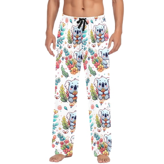 Koala and Flowers Plants Men's Pajama Pants Cotton Long Sleepwear Lounge Pants L