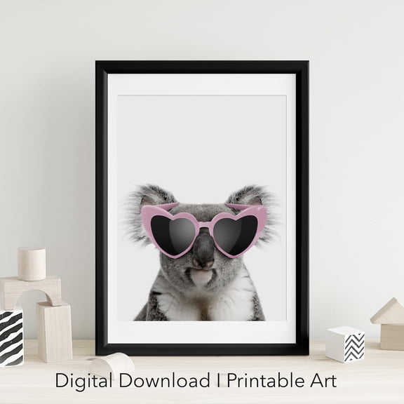 Koala in Sunglasses Nursery Decor Whimsical Animal Print, Stretched Canvas 12x16in