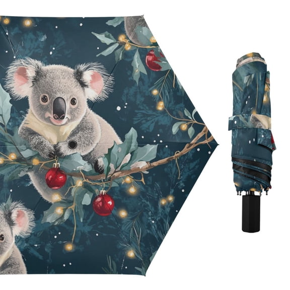 Koala on Christmas Tree Branch All Weather Umbrella Triple Folding Parasol 6 Ribs UV Protection Portable