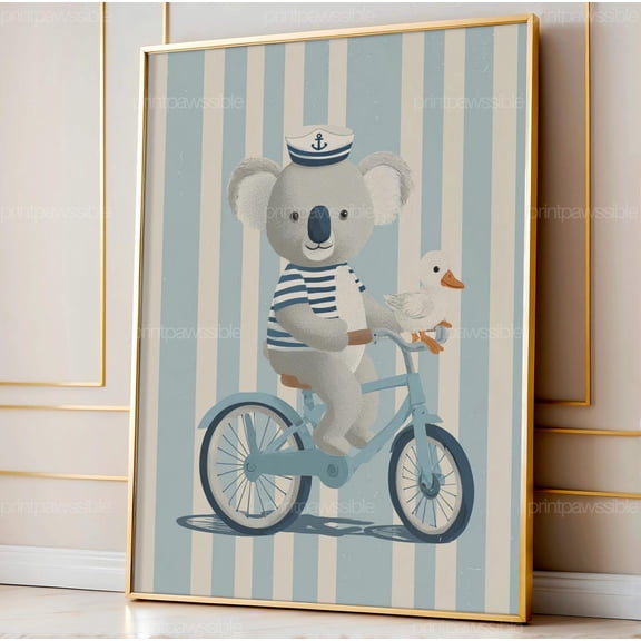 Koala on Tricycle Wall Art Vintage Nursery Animal Retro Room Decor Playful Pastel Printable, Unframed Paper Poster 8x10in