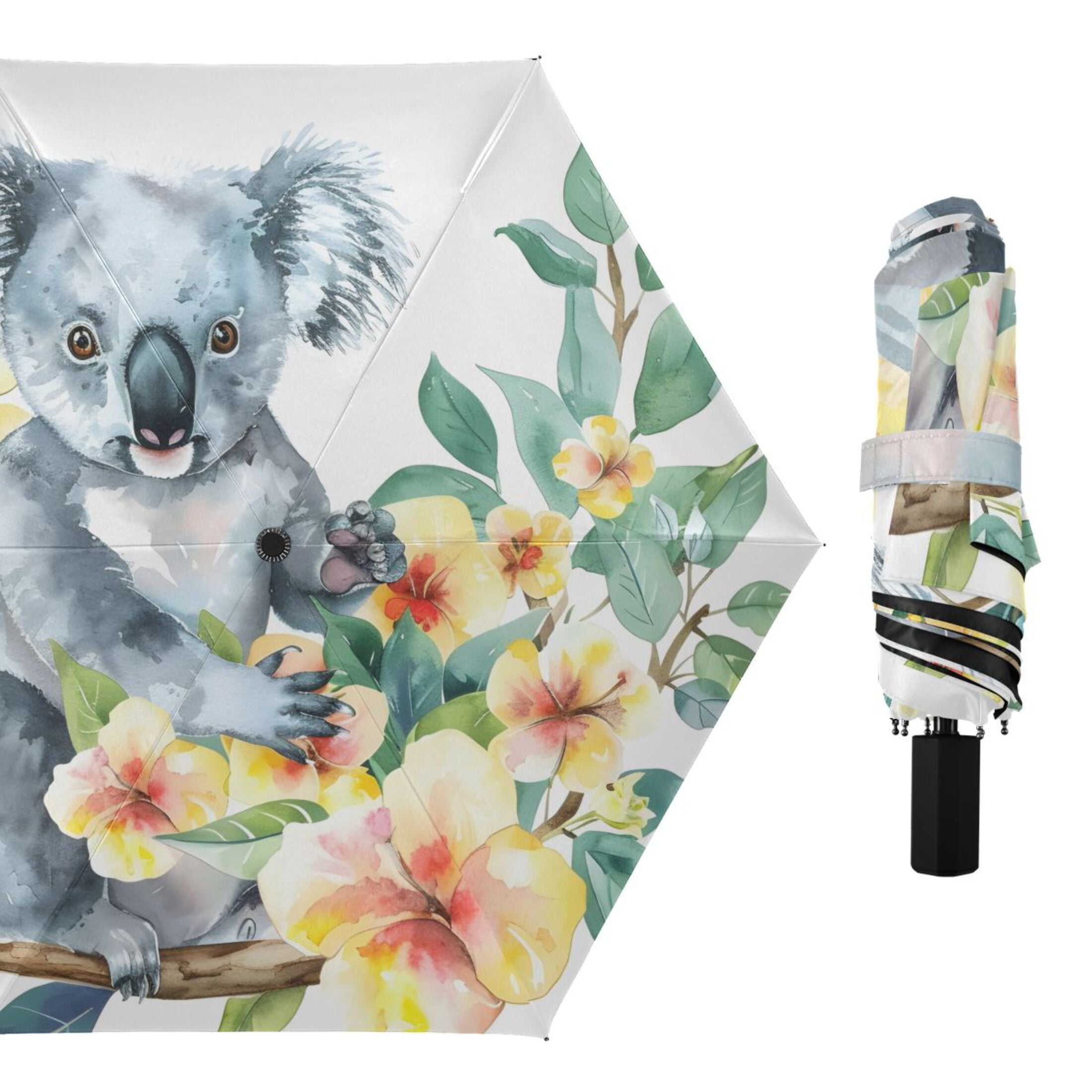 Koala with Flowers Compact Sun Umbrella Windproof Travel Umbrellas for Rain Strong Portable UV Protection