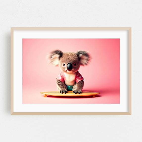 Koala with surfboard - Photography Animal Surfboard Humor Tropical Oak Framed Wall Art Print 16 x 24 inches
