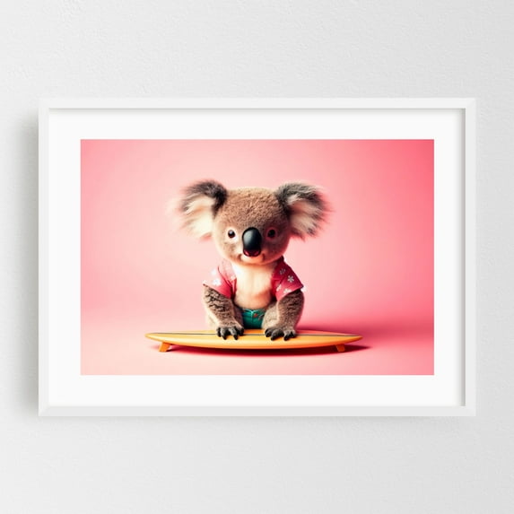 Koala with surfboard - Photography Animal Surfboard Humor Tropical White Framed Wall Art Print 12 x 18 inches