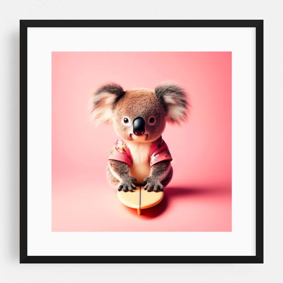 Koala with surfboard - Photography Surfboard Animal Tropical Humor Pastel Black Framed Wall Art Print 8 x 8 inches