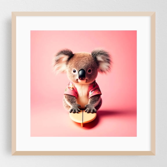 Koala with surfboard - Photography Surfboard Animal Tropical Humor Pastel Oak Framed Wall Art Print 10 x 10 inches