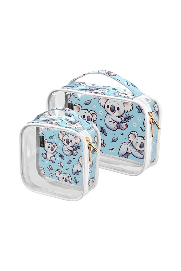 Koalas Leaves Blue Clear Cosmetic Bags with Handles PVC Toiletry Bags Zipper Waterproof Portable for Traveling 2 Pcs