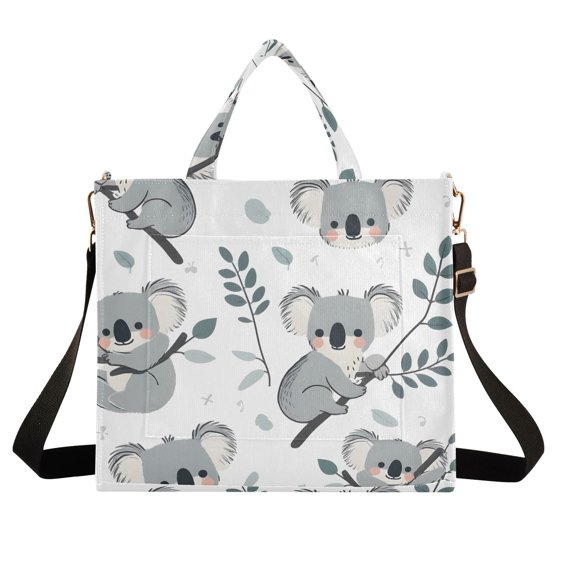 Koalas Leaves Gray Corduroy Tote Bag Handbag Large Messenger Bag Shoulder Crossbody Zipper Bag Purse