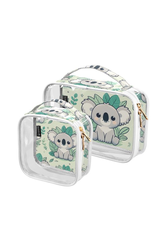 Koalas Leaves Green Clear Cosmetic Bags with Handles PVC Toiletry Bags Zipper Waterproof Portable for Traveling 2 Pcs