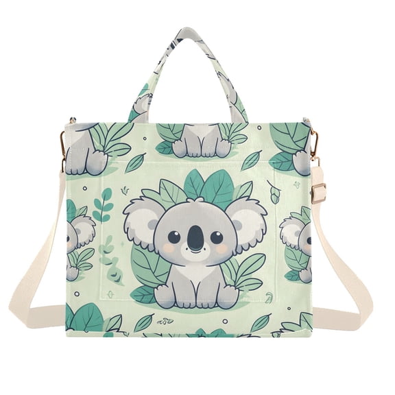 Koalas Leaves Green Corduroy Tote Bag Handbag Large Messenger Bag Shoulder Crossbody Zipper Bag Purse